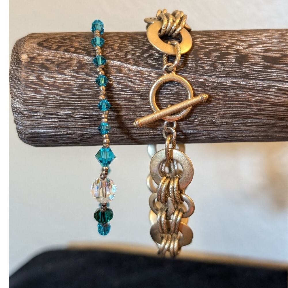 Two Vtg Gold Tone Blue Bicone Crystal & Gold Loop Chain Toggle Bracelets